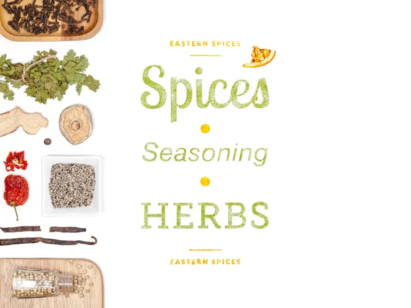 Different spices and herbs  on white background. top view — Stock Photo, Image