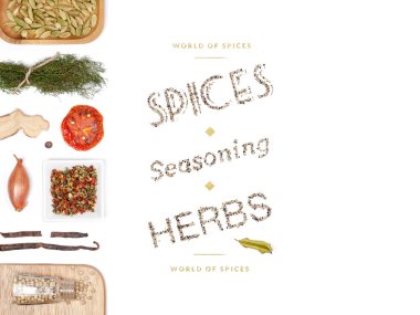 farklı baharatlar ve otlar beyaz zemin üzerinde. Üstten Görünüm