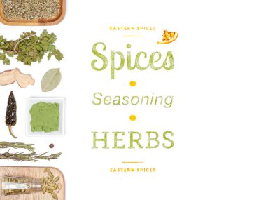 farklı baharatlar ve otlar beyaz zemin üzerinde. Üstten Görünüm