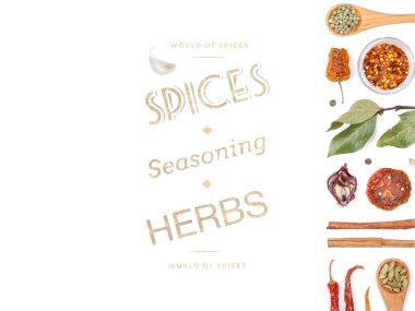 farklı baharatlar ve otlar beyaz zemin üzerinde. Üstten Görünüm