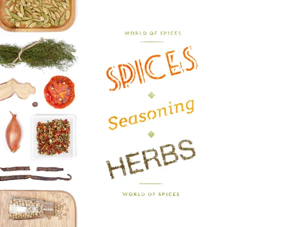 farklı baharatlar ve otlar beyaz zemin üzerinde. Üstten Görünüm