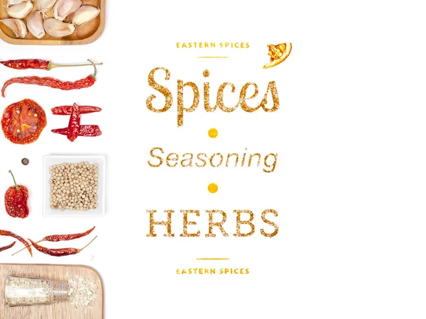 Different spices and herbs  on white background. top view — Stock Photo, Image