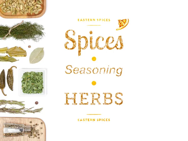 farklı baharatlar ve otlar beyaz zemin üzerinde. Üstten Görünüm