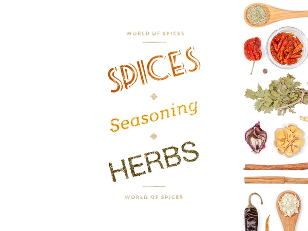 farklı baharatlar ve otlar beyaz zemin üzerinde. Üstten Görünüm