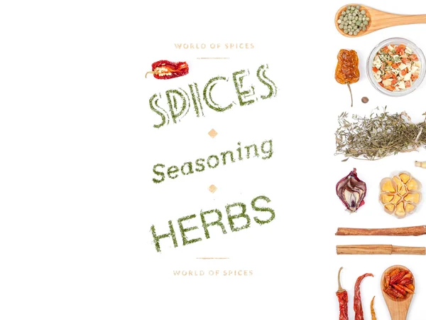 Different spices and herbs  on white background. top view — Stock Photo, Image