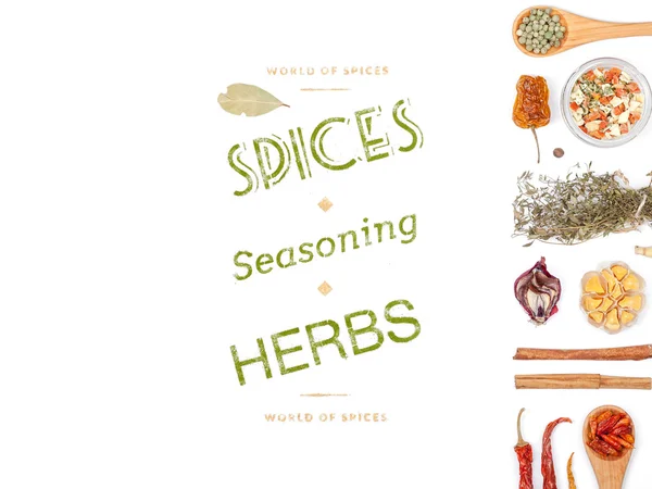 farklı baharatlar ve otlar beyaz zemin üzerinde. Üstten Görünüm