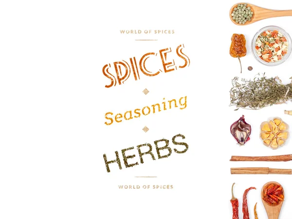 Different spices and herbs  on white background. top view — Stock Photo, Image