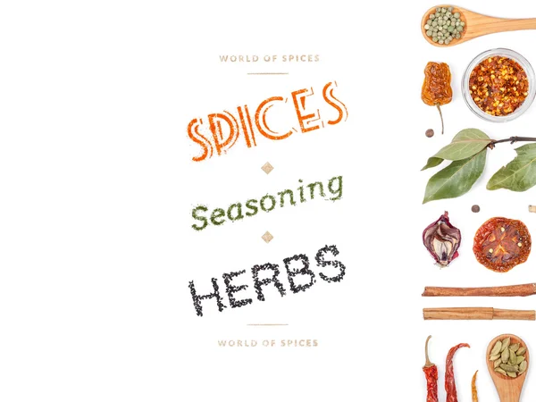 farklı baharatlar ve otlar beyaz zemin üzerinde. Üstten Görünüm