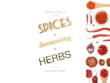 farklı baharatlar ve otlar beyaz zemin üzerinde. Üstten Görünüm