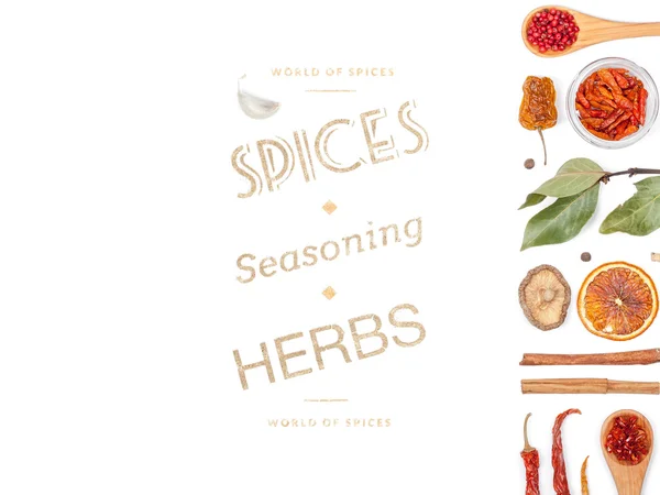 Different spices and herbs  on white background. top view — Stock Photo, Image