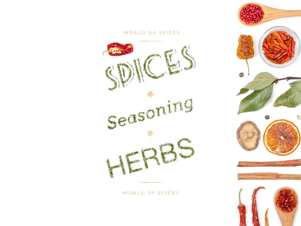 Different spices and herbs  on white background. top view — Stock Photo, Image