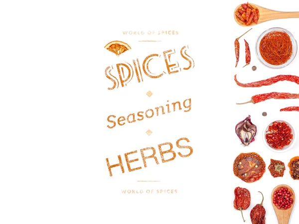 farklı baharatlar ve otlar beyaz zemin üzerinde. Üstten Görünüm