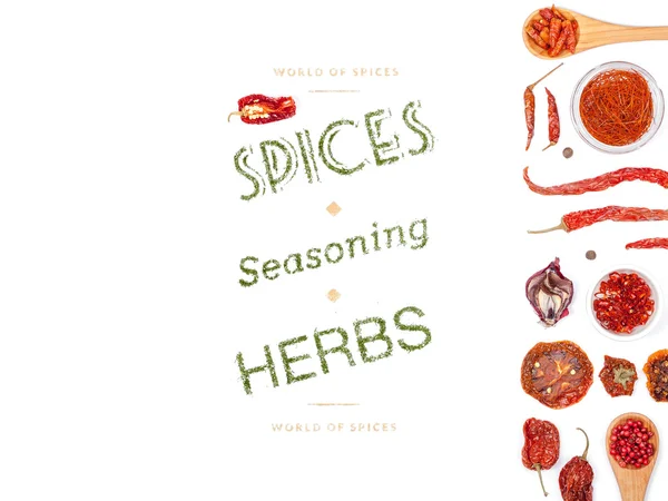 Different spices and herbs  on white background. top view — Stock Photo, Image