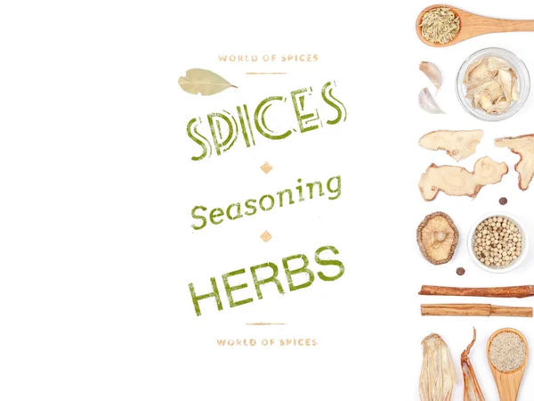 Different spices and herbs  on white background. top view — Stock Photo, Image