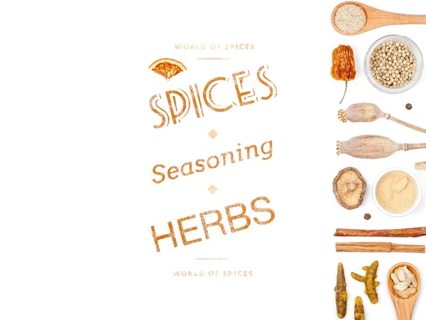 Different spices and herbs  on white background. top view — Stock Photo, Image