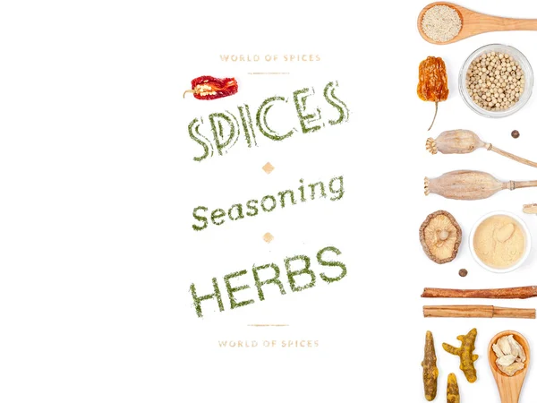 Different spices and herbs  on white background. top view — Stock Photo, Image