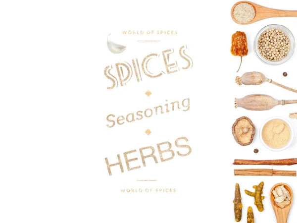 farklı baharatlar ve otlar beyaz zemin üzerinde. Üstten Görünüm