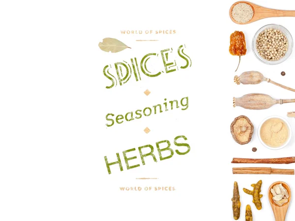 farklı baharatlar ve otlar beyaz zemin üzerinde. Üstten Görünüm