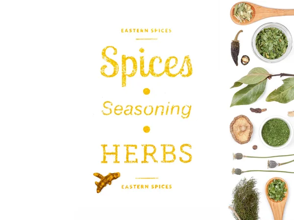 farklı baharatlar ve otlar beyaz zemin üzerinde. Üstten Görünüm