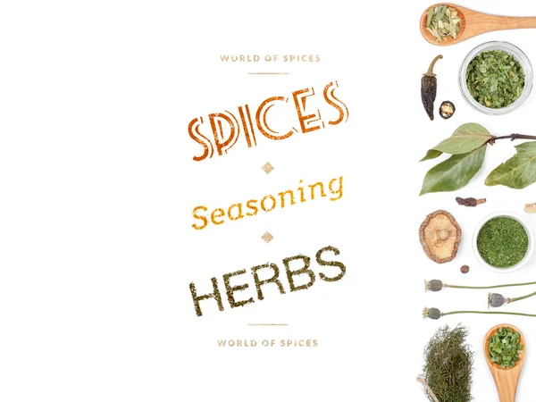 Different spices and herbs  on white background. top view — Stock Photo, Image