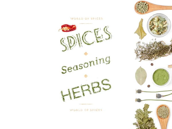 Different spices and herbs  on white background. top view — Stock Photo, Image