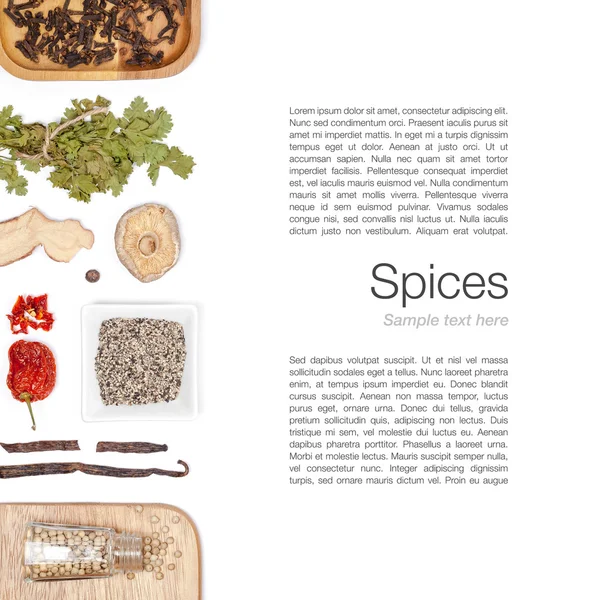 farklı baharatlar ve otlar beyaz zemin üzerinde. Üstten Görünüm