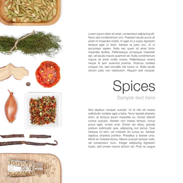 farklı baharatlar ve otlar beyaz zemin üzerinde. Üstten Görünüm