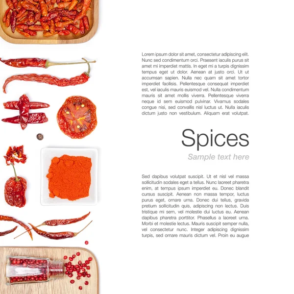 farklı baharatlar ve otlar beyaz zemin üzerinde. Üstten Görünüm