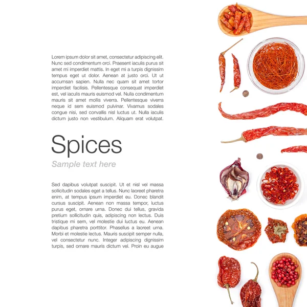 farklı baharatlar ve otlar beyaz zemin üzerinde. Üstten Görünüm