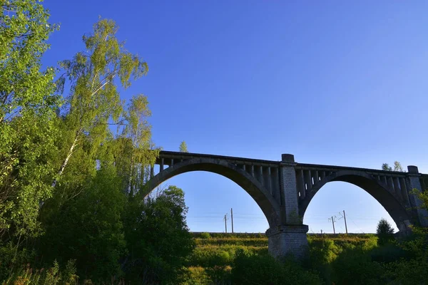 An old 100-year-old railway viaduct across the Iren River near the Bartym station next to the modern railway line.