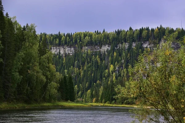 The majestic gypsum stone massif Usvinskie Stolby among the Ural forests on the right bank of the Usva River in the Gremyachinsom region of the Perm Territory.