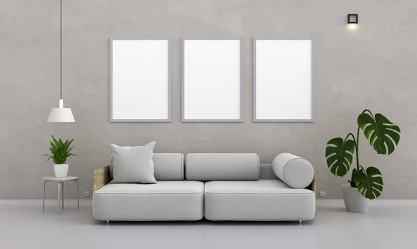 Witte Bank Grijze Woonkamer Met Frames Mockup Rendering — Stockfoto