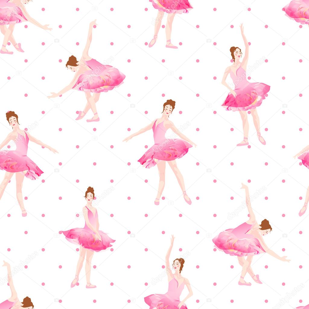 Beautiful ballerinas dance on polka dot background seamless vect