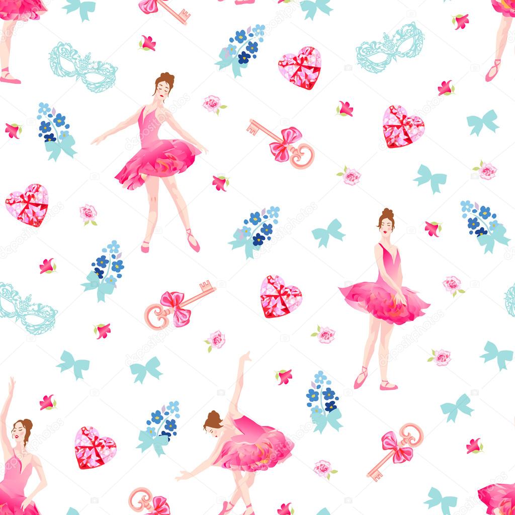 Romantic seamless vector pattern with ballerinas, keys, bows, pi