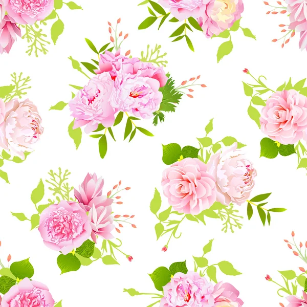Rózsaszín pünkösdi rózsa, zöld levelek, a fehér folytonos vector nyomtatása — Stock Vector