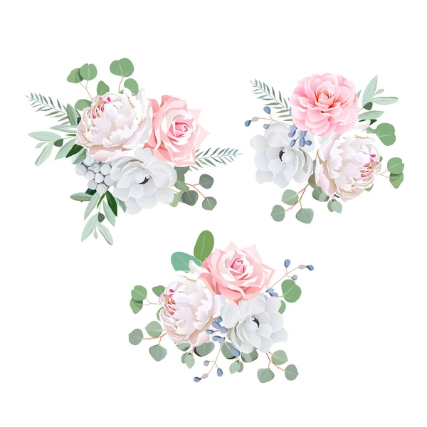 Ramos de flores de rosa, peonía, anémona, camelia, brunia y e — Vector de stock