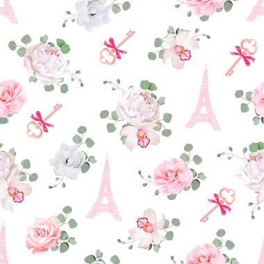 Romantik Paris sorunsuz vektör yazdırma. Beyaz ve pembe desen zekâ