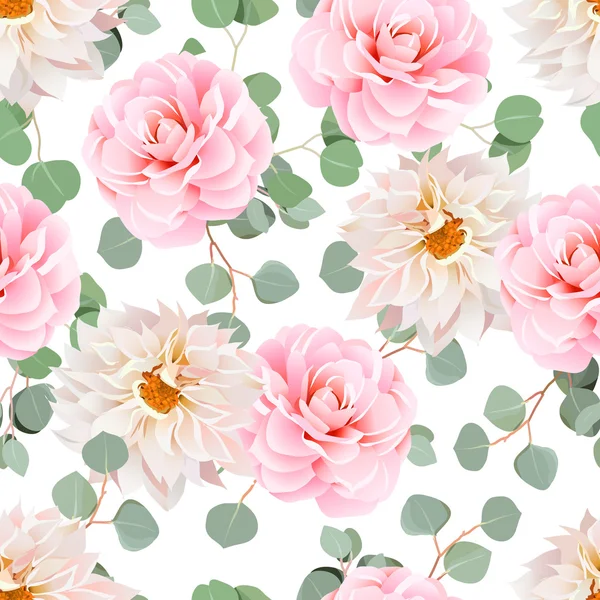 Le camélia rose, le dahlias et l'eucaliptus laissent un tapis vectoriel sans couture — Image vectorielle
