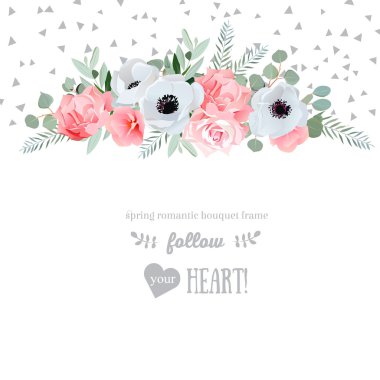 Anemon çiçeği, gül, pembe çiçekler ve dekoratif eucaliptus bırakır vec