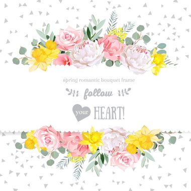 Şakayık, gül, nergis, pembe çiçekler ve dekoratif eucaliptus l