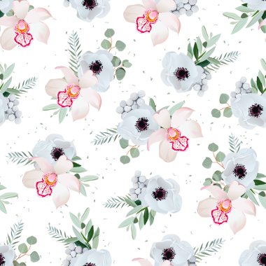 Orkide, anemon, brunia çiçek ve eucaliptis yaprakları sorunsuz 