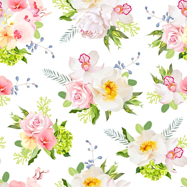 Pretty summer garden seamless vector print. Wild rose, orchid, f — Stock Vector