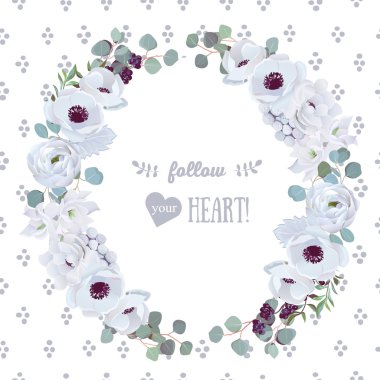Yuvarlak vektör çerçeve dokulu arka plan ile. Anemon çiçeği, brunia, ranu