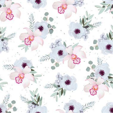 Orkide, anemon, brunia çiçek ve eucaliptis yaprakları