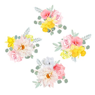 Yıldız çiçeği, gül, nergis, anemon çiçeği, pembe çiçekler ve e demetleri