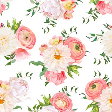 Dahlia, Düğünçiçeği, gül ve Şakayık sorunsuz vektör desen