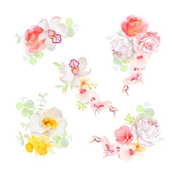 Dolci mazzi di fiori oggetti di design vettoriale. Orchidea, rosa, p — Vettoriale Stock