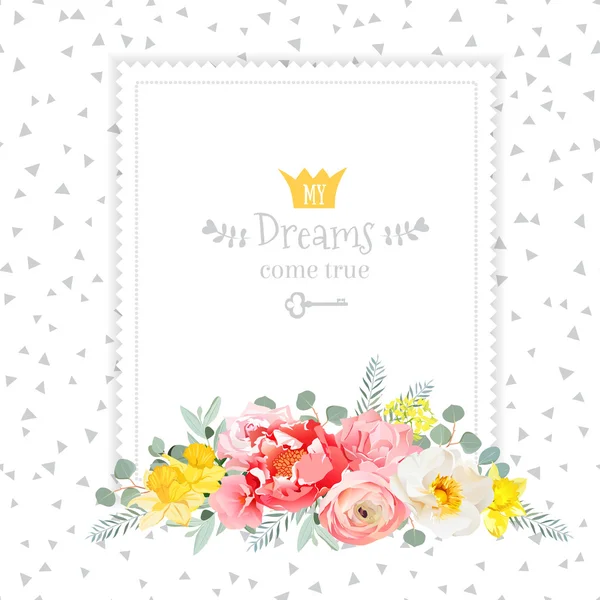 Square vector design frame with bouquet of wild rose, ranunculus Stock Illustration