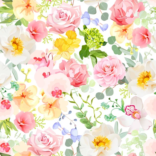 Multicolor floral naadloze vector print met gevarieerde planten en f — Stockvector