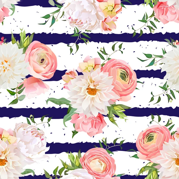 Dahlia, ranunculus, rose et pivoine motif vectoriel sans couture — Image vectorielle